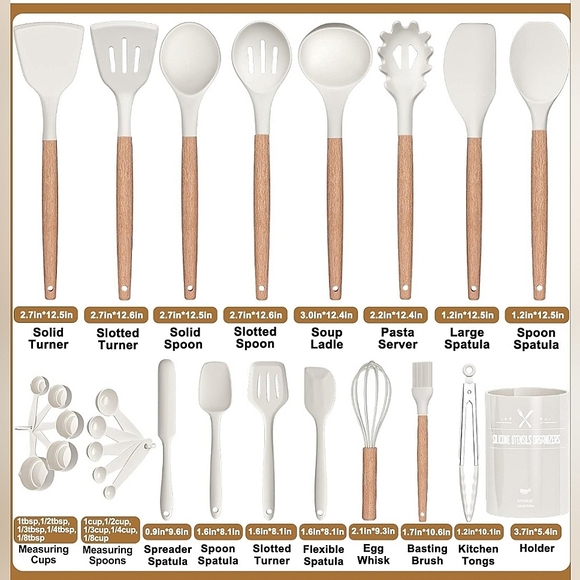 26pc Silicone Kitchen Utensil Set w/ Holder - White & Wood